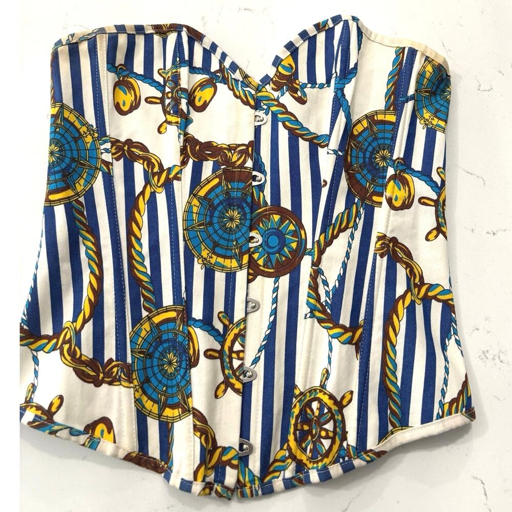 Nautical corset top sz L white/blue striped pattern w/gold bustier cosplay